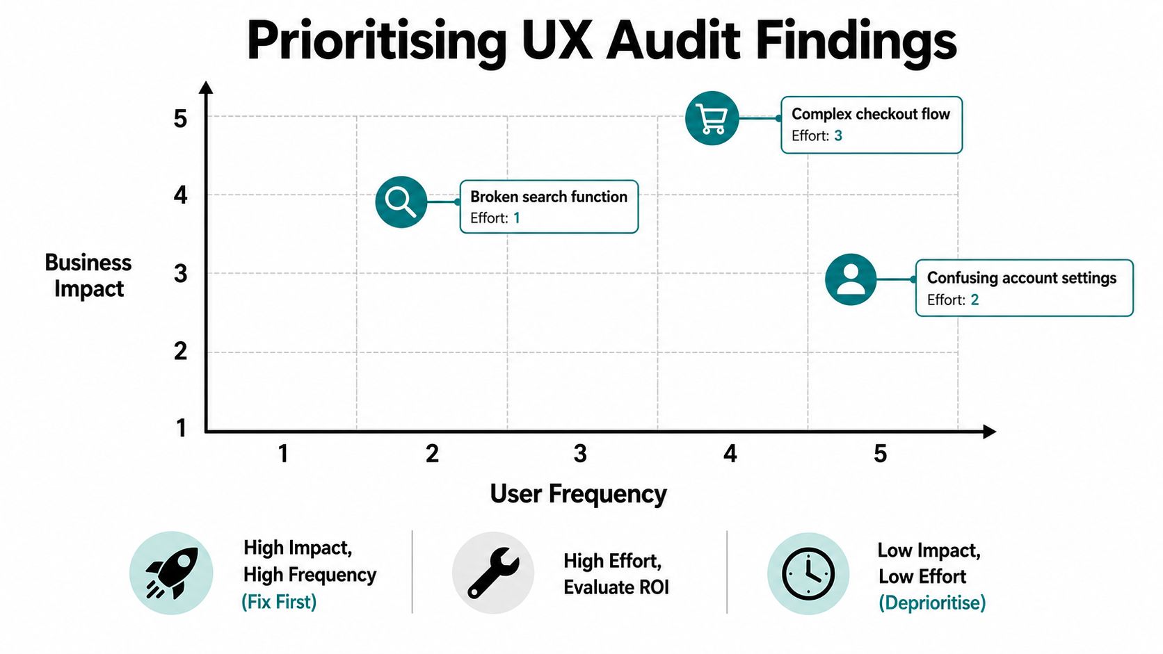 A 2D scatter plot illustrating how to prioritize UX audit findings based on business impact and user frequency.