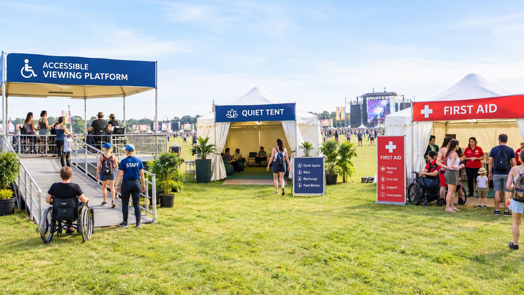 Accessible festival area with a ramp, quiet tent, and first aid station for visitors on a field.