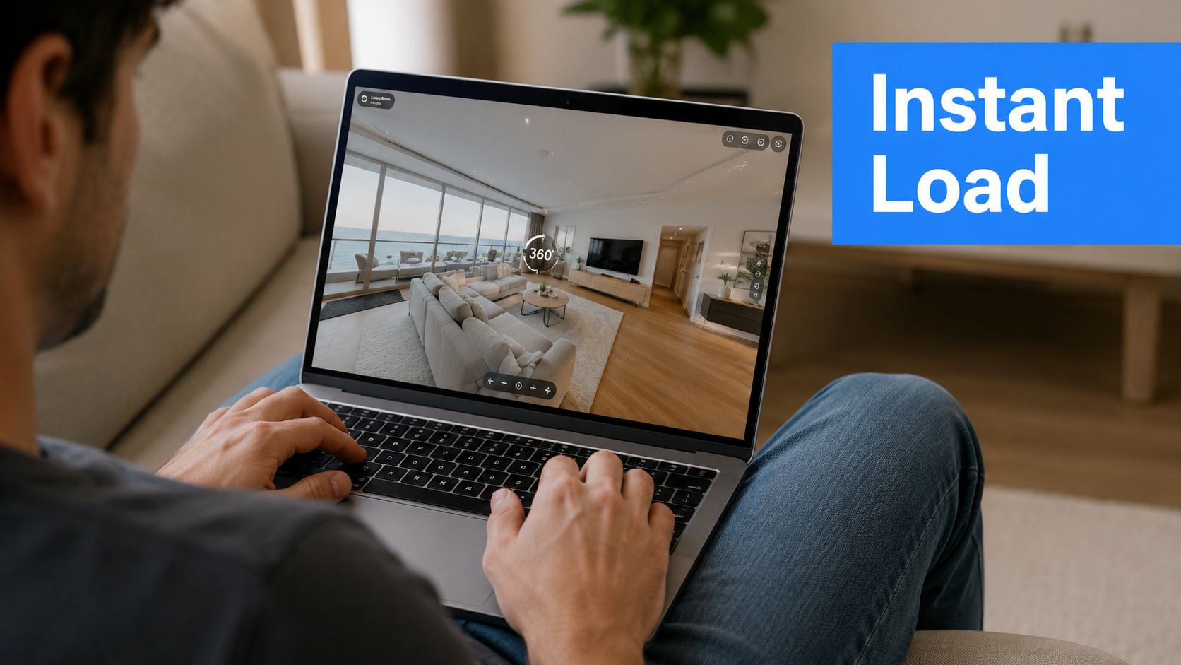 A person sitting on a couch while using a laptop to view a 360-degree room tour.