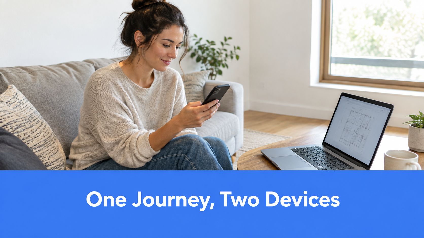 A smiling woman sitting on a sofa using her smartphone while a laptop displaying blueprints sits nearby.