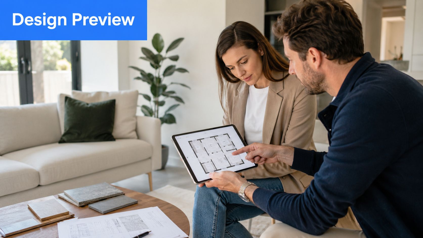 A professional interior designer reviewing floor plan blueprints on a digital tablet with a client.