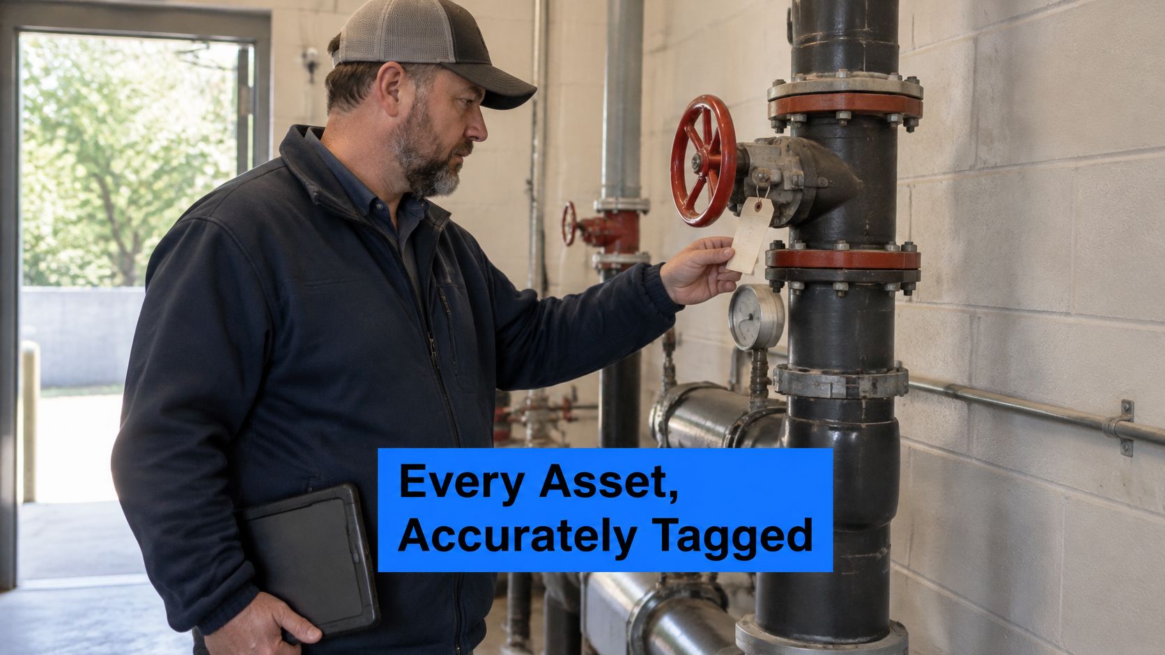 A technician inspects a labeled pipe valve in an industrial facility while holding a digital tablet.