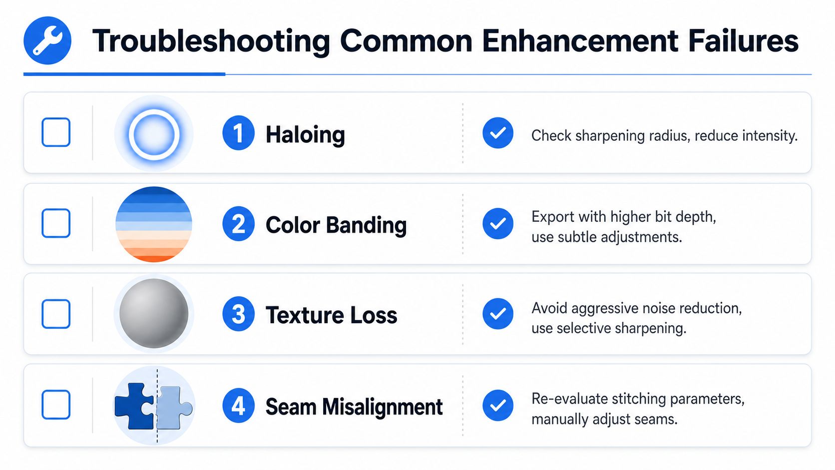 A troubleshooting guide table for common photo enhancement failures like haloing, color banding, texture loss, and misalignment.