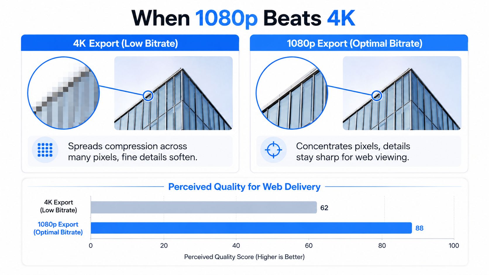 A comparison infographic showing how 1080p video with optimal bitrate delivers higher quality than low bitrate 4K.