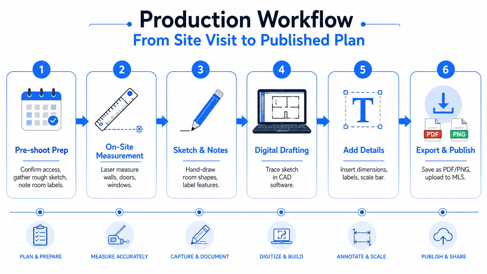A six-step production workflow infographic for creating professional floor plans for real estate properties.