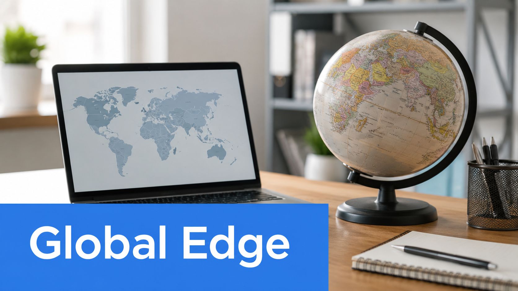 A modern workspace featuring a laptop showing a world map and a globe on a wooden desk.