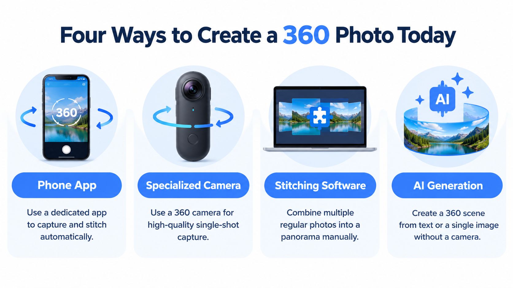 An infographic illustrating four different methods to create 360-degree photos, including apps, cameras, software, and AI.