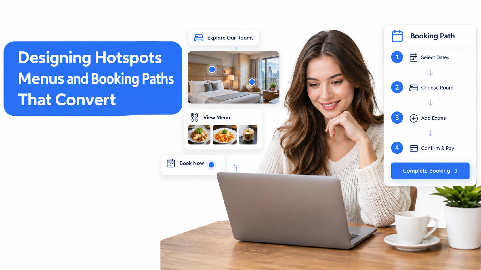 A woman using a laptop to view interactive hotel room hotspots and a structured restaurant booking path.