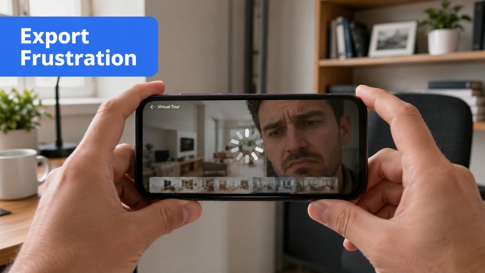 A person holding a smartphone showing a loading virtual tour video with a frustrated facial expression.