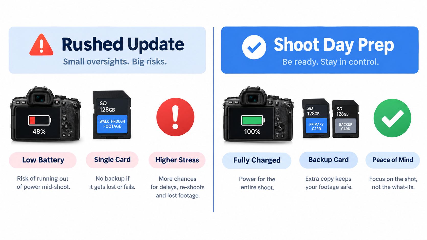 A comparison graphic showing the risks of poor camera preparation versus the benefits of thorough shoot day planning.