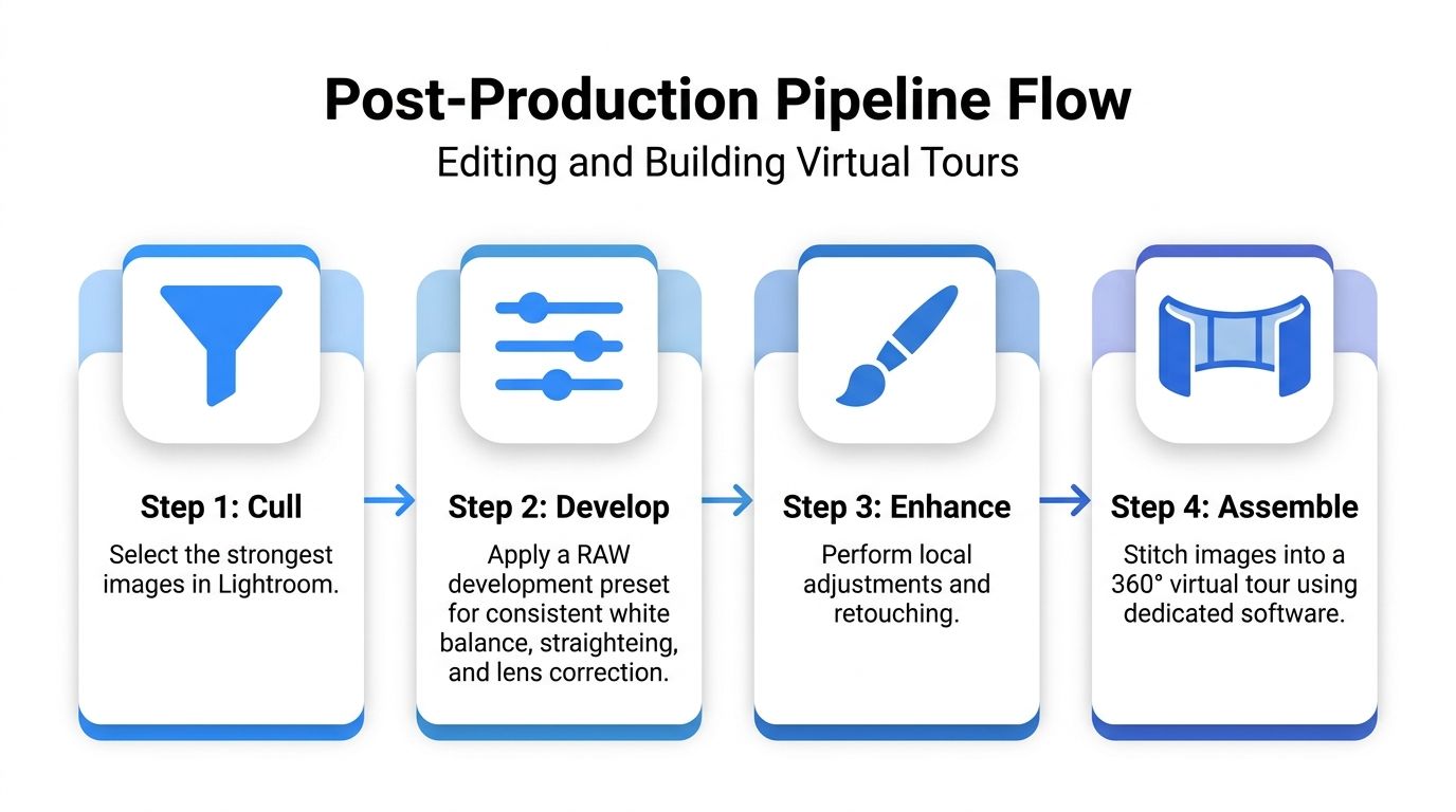 A flow chart titled Post-Production Pipeline Flow showing four steps for editing and building virtual tours.