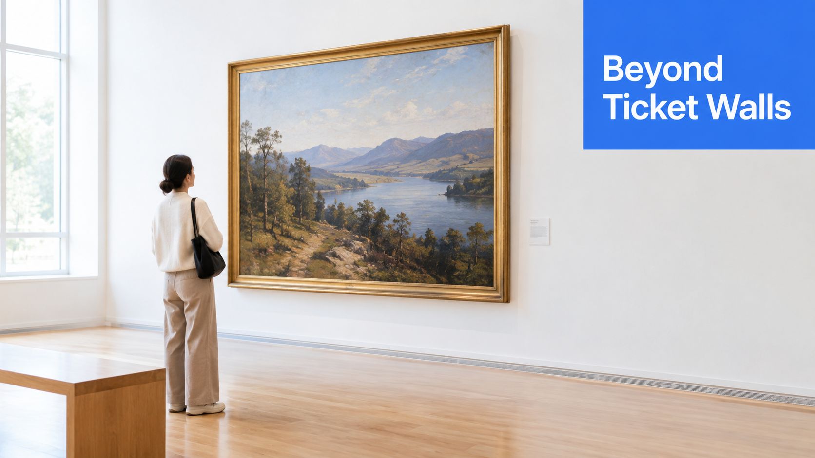 A young woman stands in a bright museum gallery admiring a large, framed landscape oil painting.