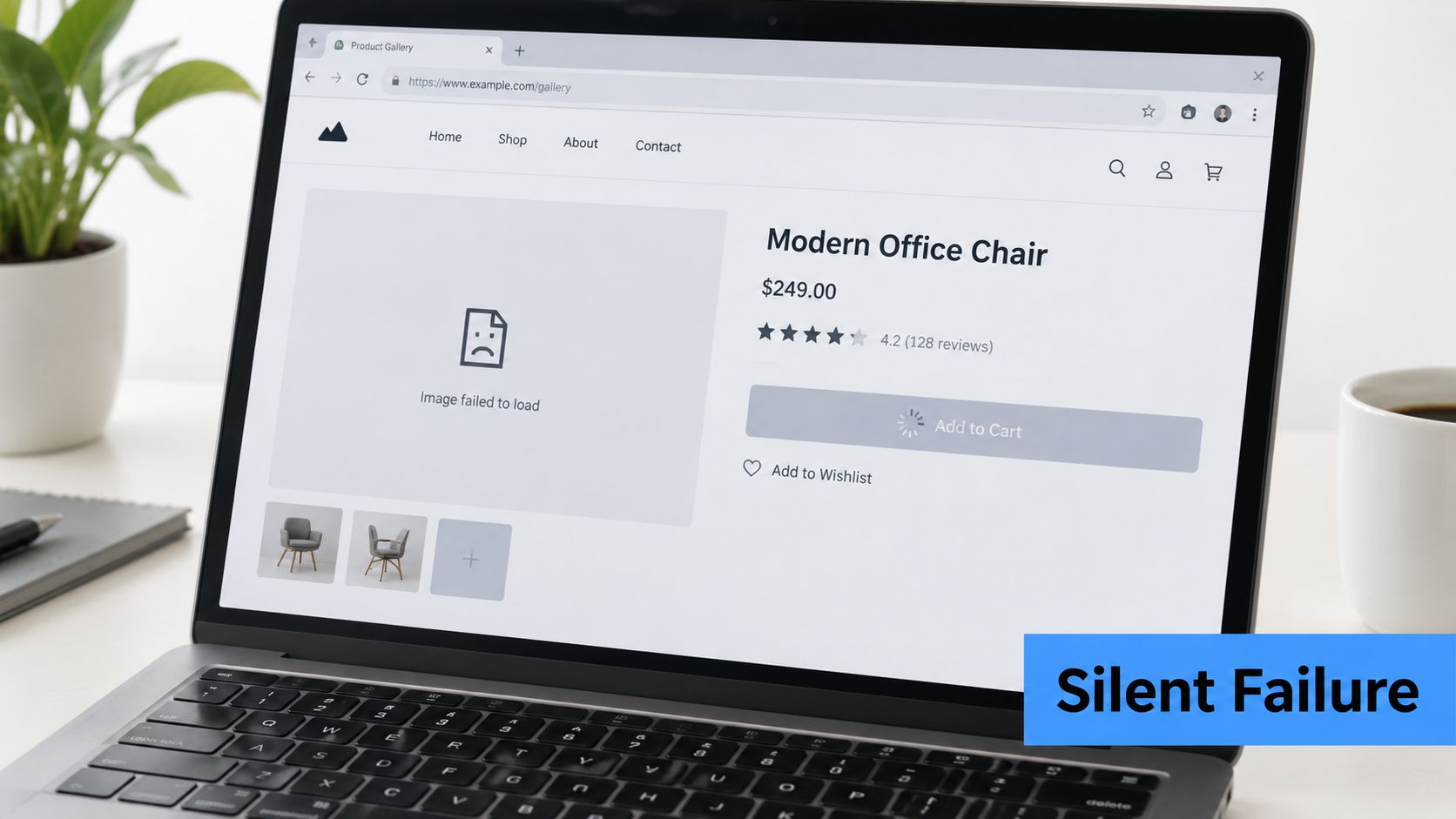 A laptop screen displaying an e-commerce product page for an office chair with a broken image icon.