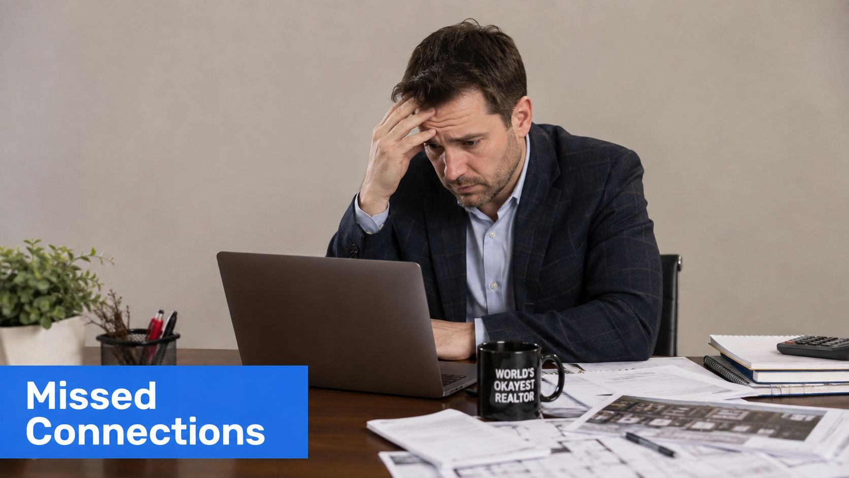 A stressed real estate agent looking at his laptop screen while working at his desk with documents.