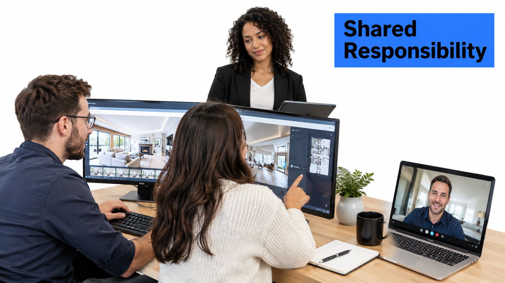 A professional team collaborating on a design project with a video call on a laptop.