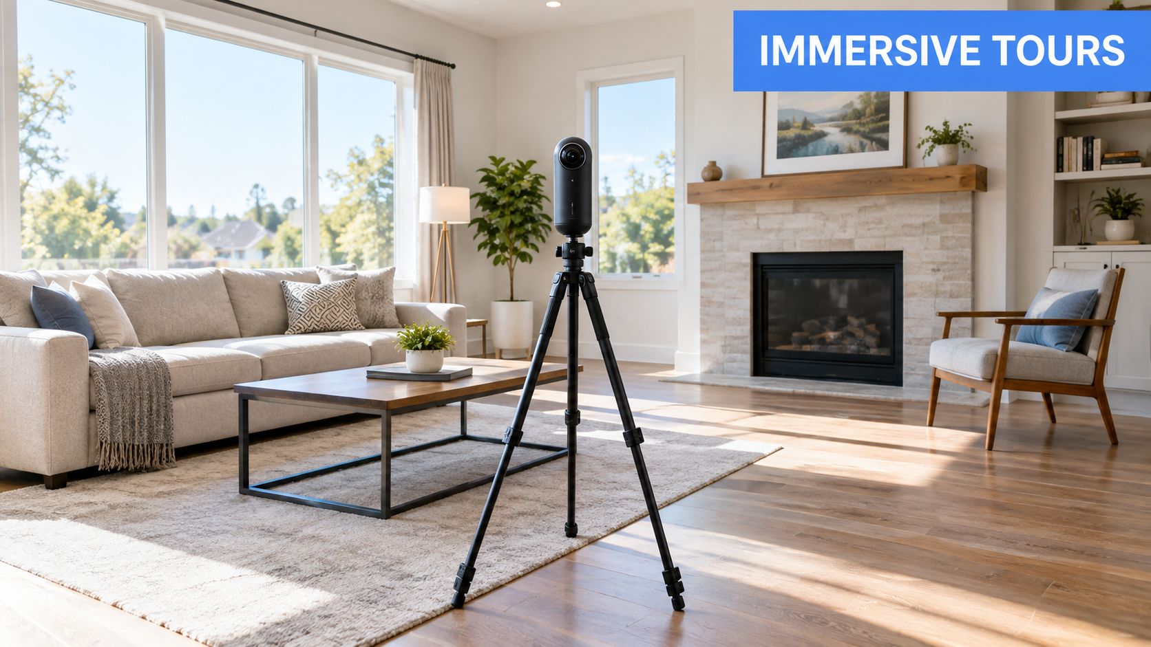 A 360-degree camera on a tripod set up in the middle of a modern living room
