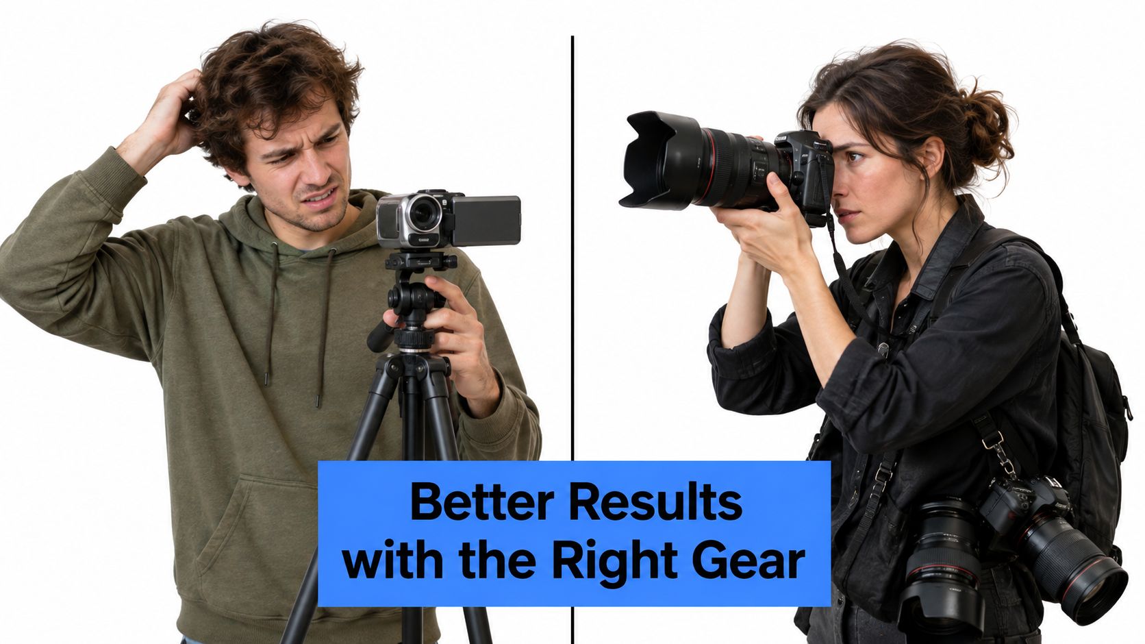 A split screen comparing a confused man using basic video equipment with a focused professional photographer.