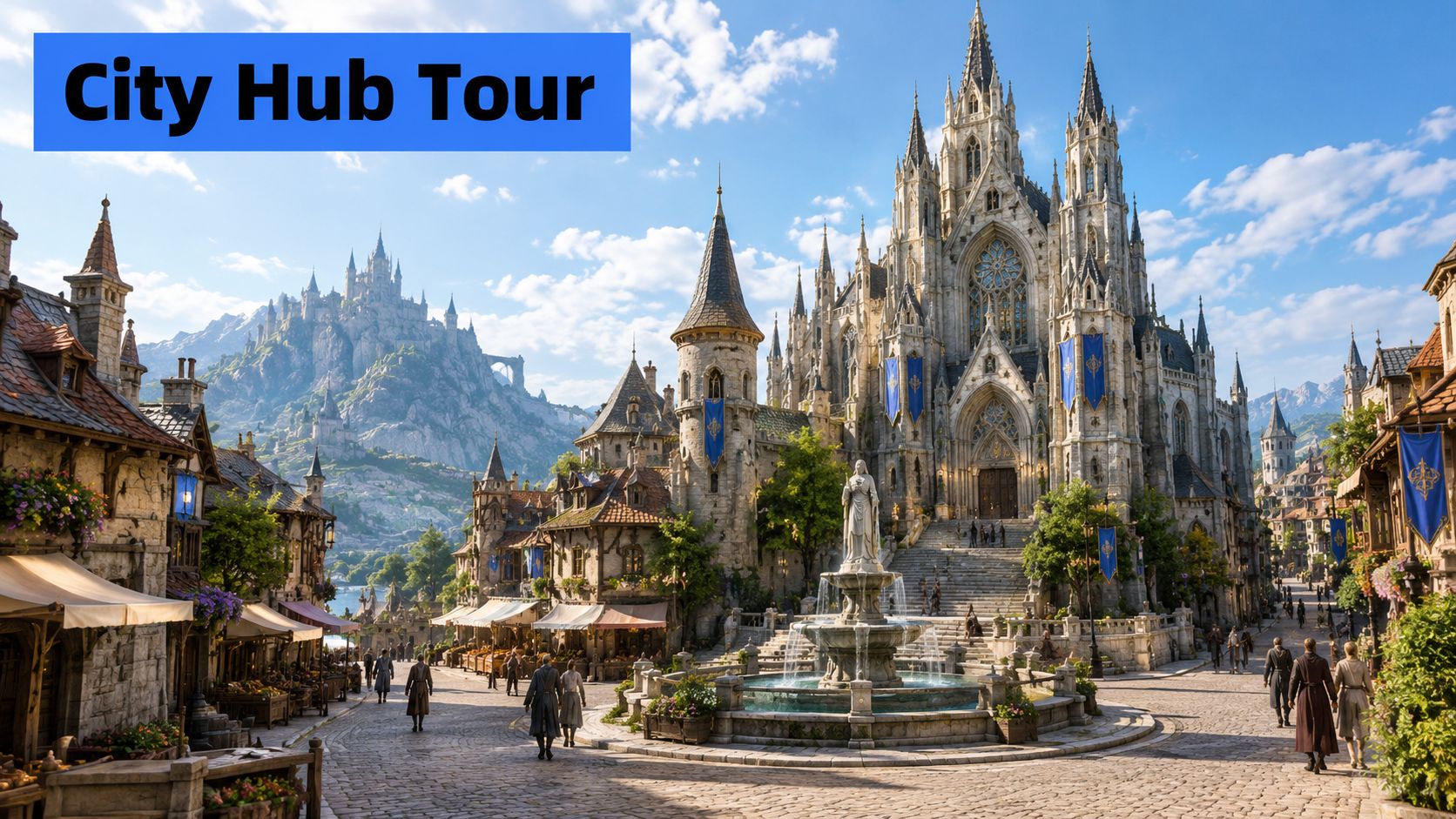 A grand fantasy city square featuring a large cathedral, a central stone fountain, and people walking about.