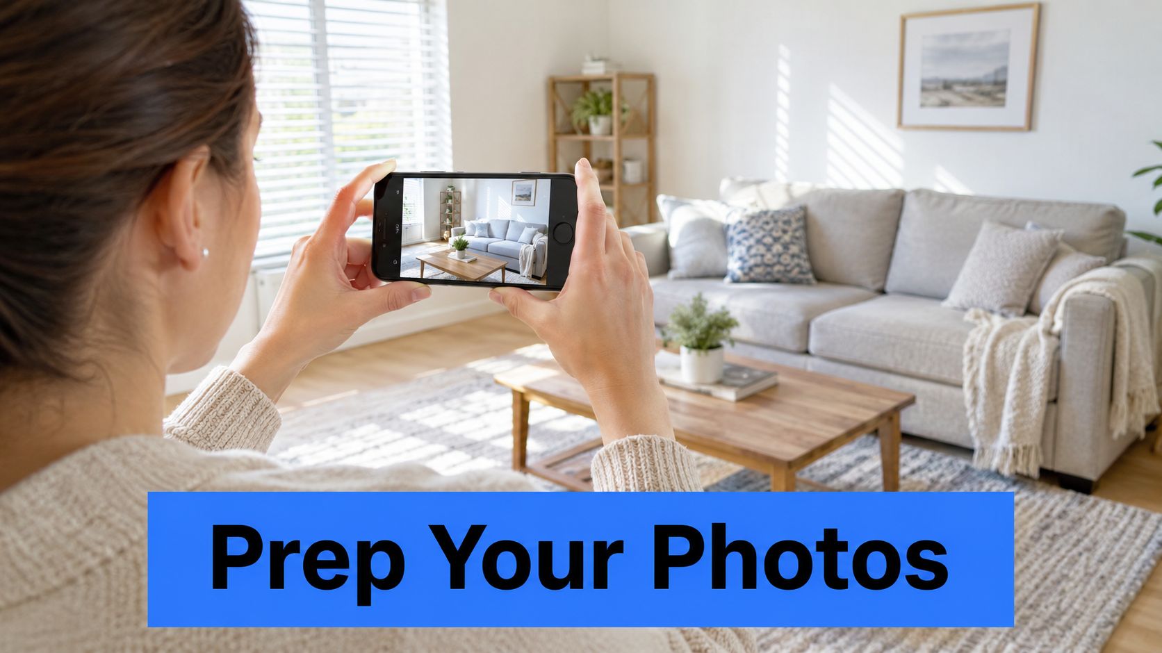 A person holding a smartphone to take a photo of a well-decorated living room interior.