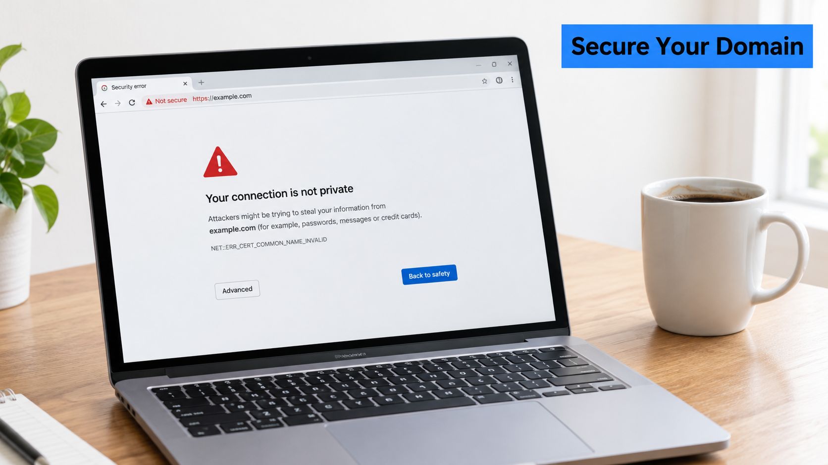 A laptop screen displaying a security error warning that the connection to the website is not private.