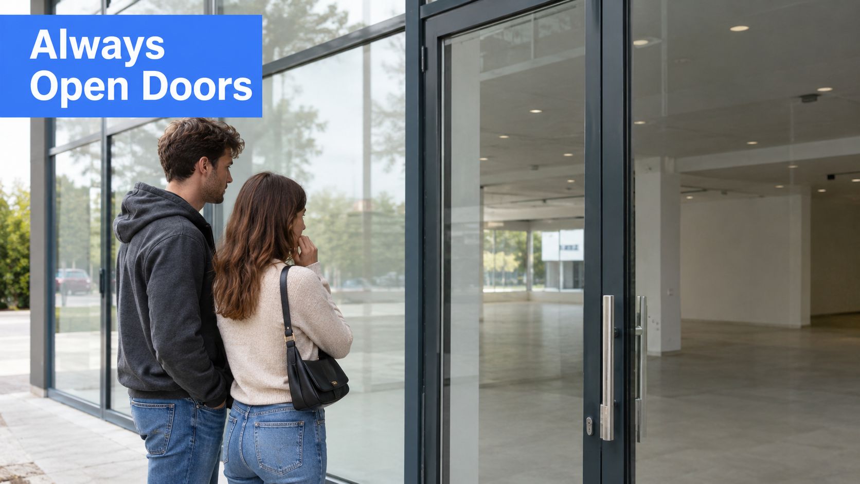 A young couple stands outside and looks through the glass door of an empty commercial showroom space.
