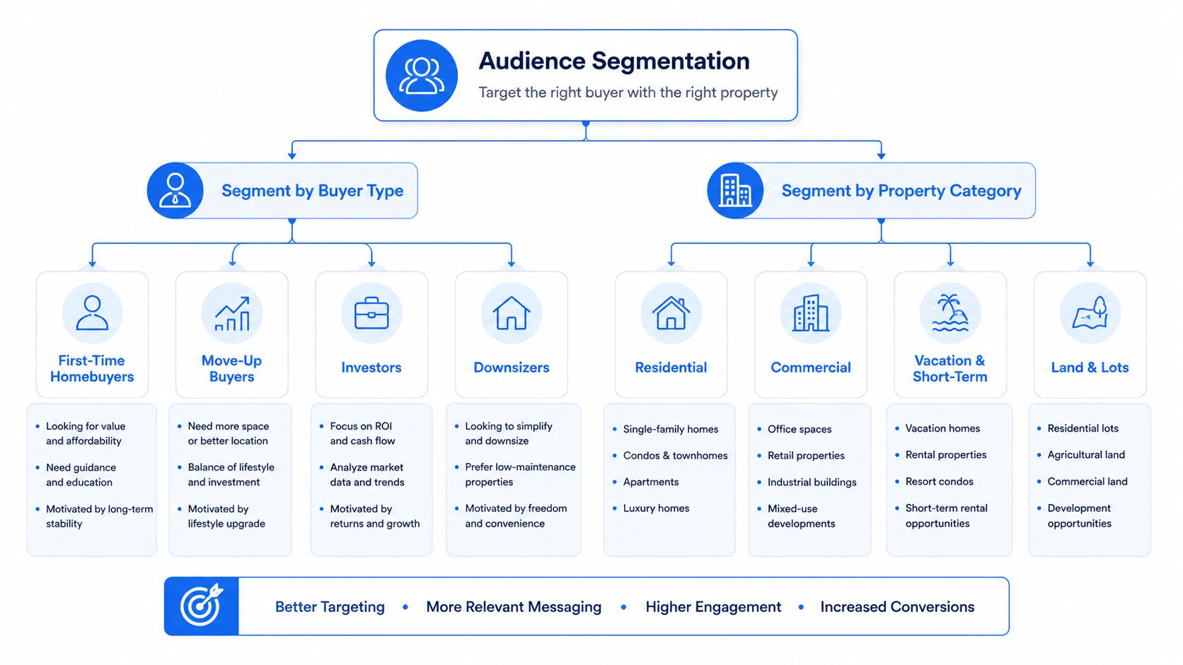A flowchart diagram illustrating audience segmentation strategies in real estate marketing, categorizing buyers and property types.