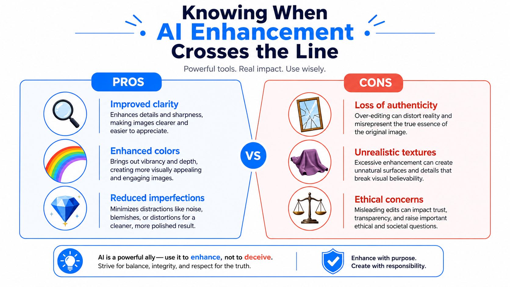 An infographic comparing the pros and cons of using AI tools for digital image enhancement and editing.