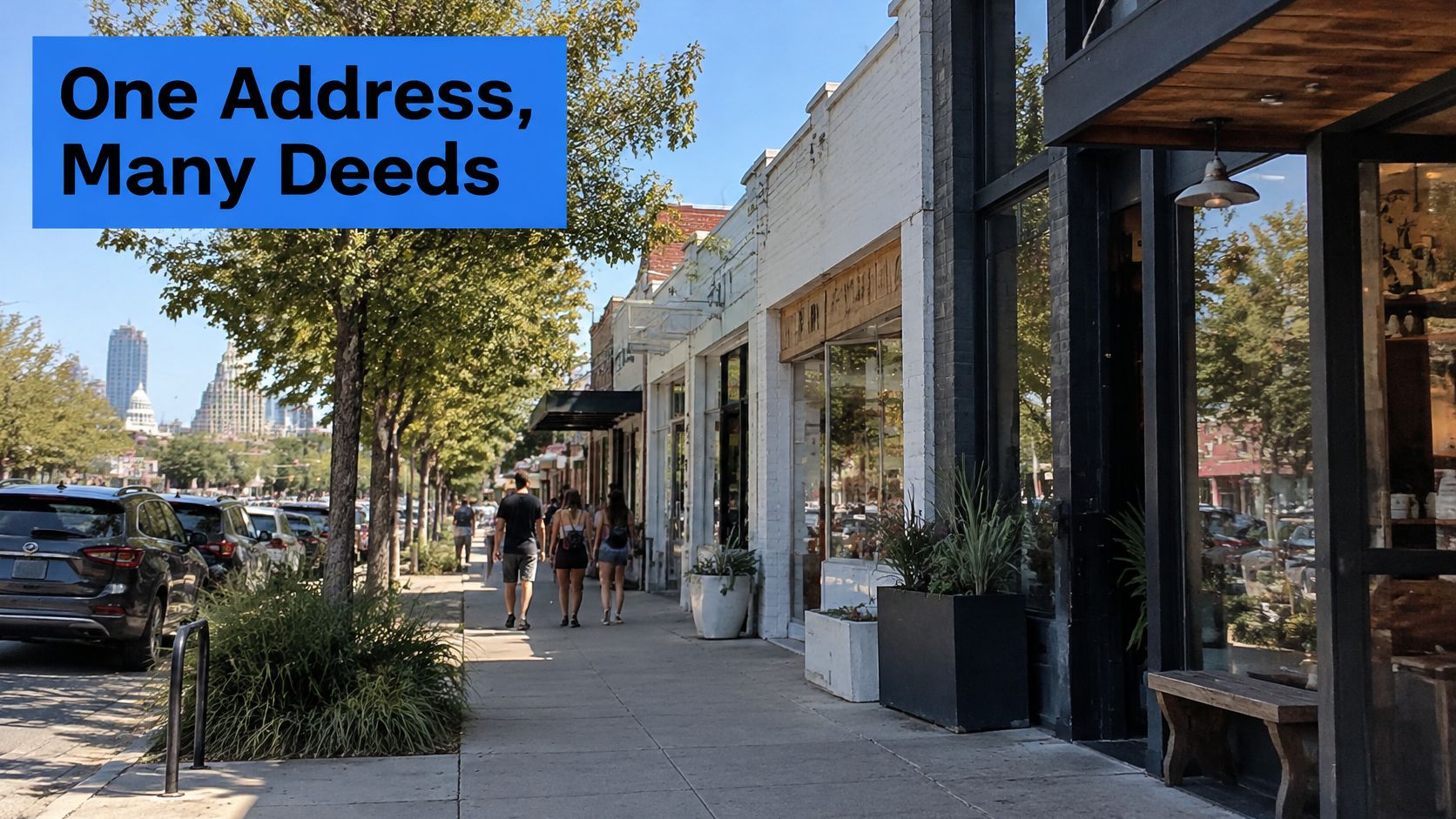 Pedestrians walking down the sunny sidewalk of South Congress Avenue in Austin with local shops nearby.