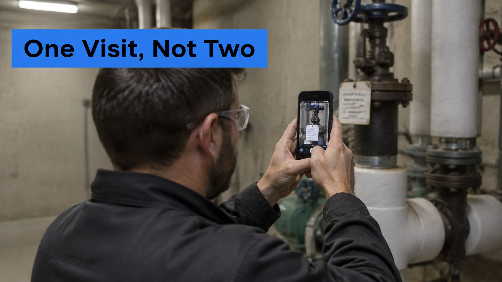 A technician wearing safety glasses uses a smartphone to scan a tag on industrial piping equipment.