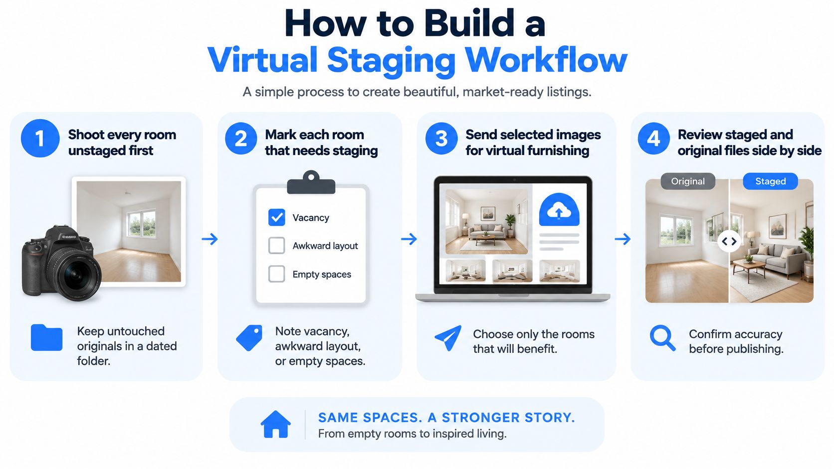 An infographic illustrating a four-step virtual staging workflow process for creating beautiful, market-ready real estate listings.