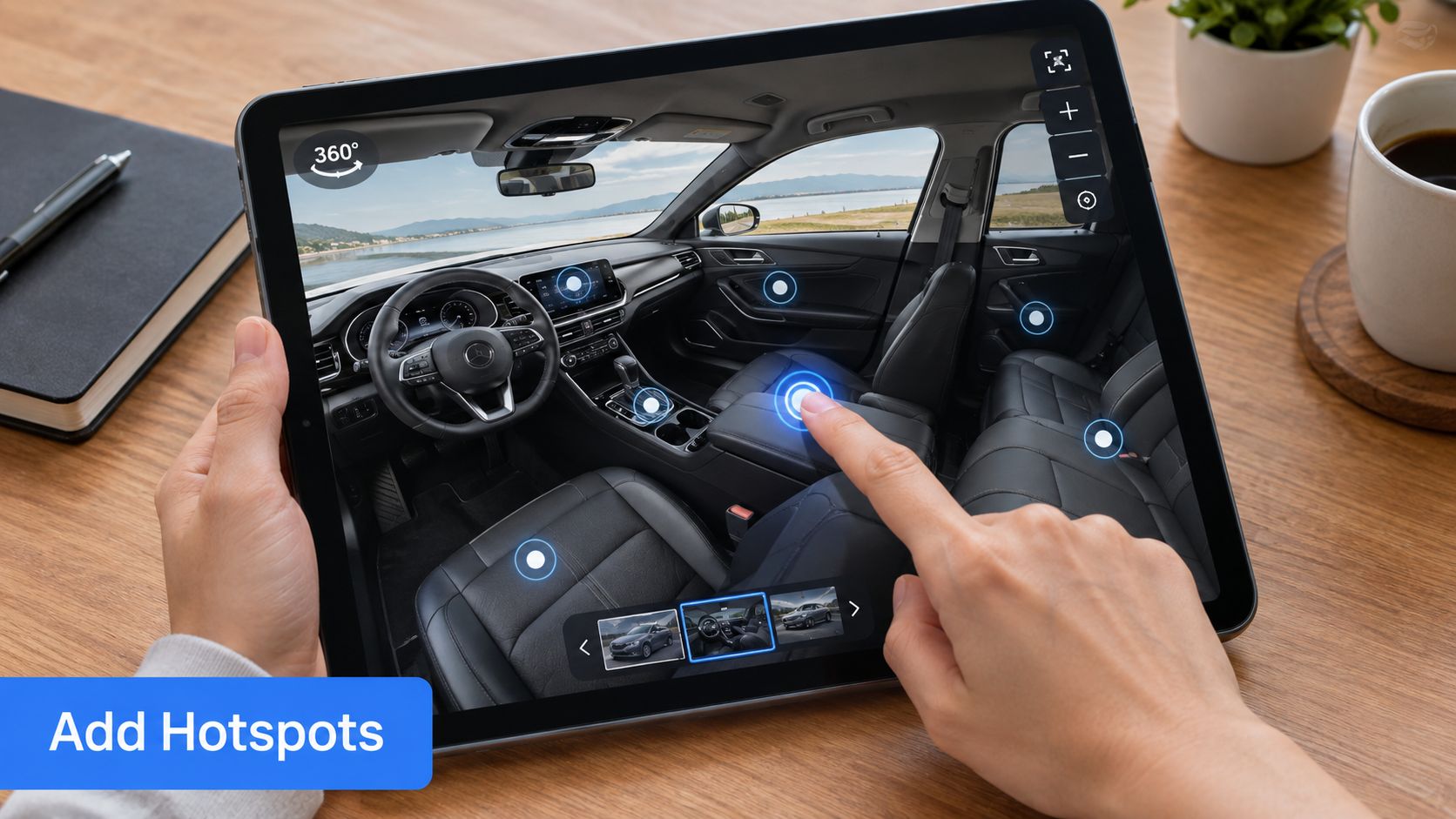 A person using a tablet to view an interactive 360-degree car interior tour with clickable hotspots.