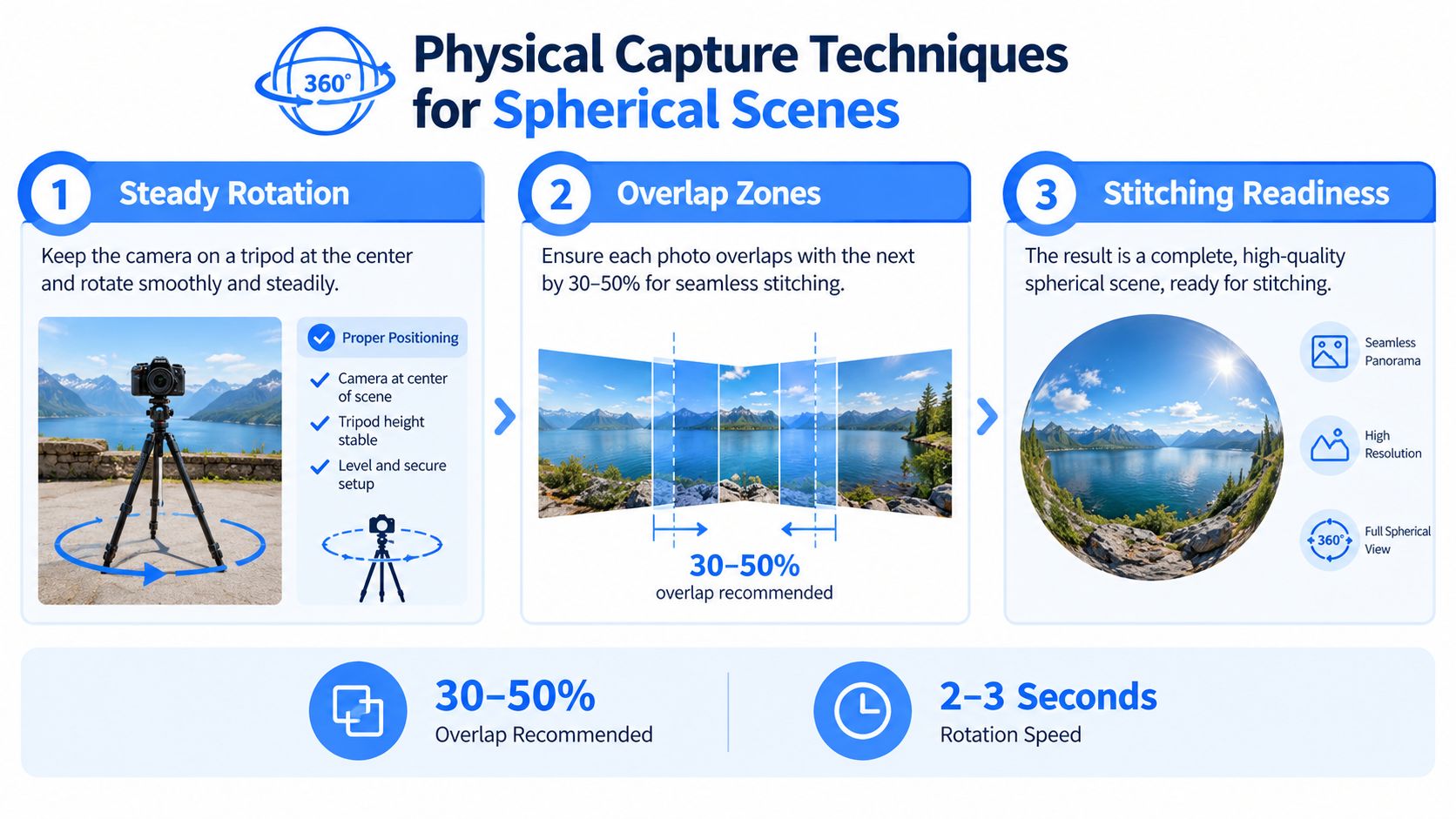 An infographic detailing the three essential steps for capturing high-quality physical 360-degree spherical photography scenes.