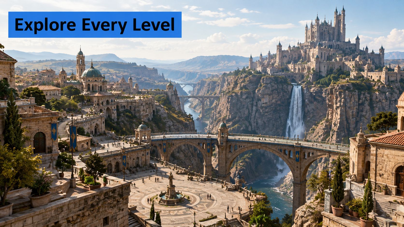 A breathtaking fantasy city with ancient stone architecture, a massive bridge, and a castle above waterfalls.