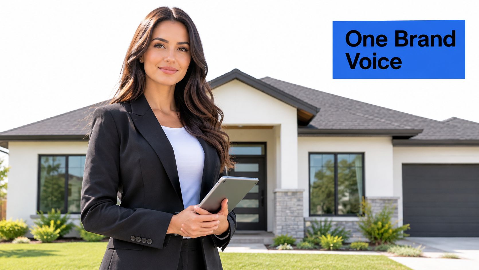 A professional real estate agent holds a tablet in front of a modern house for brand marketing.