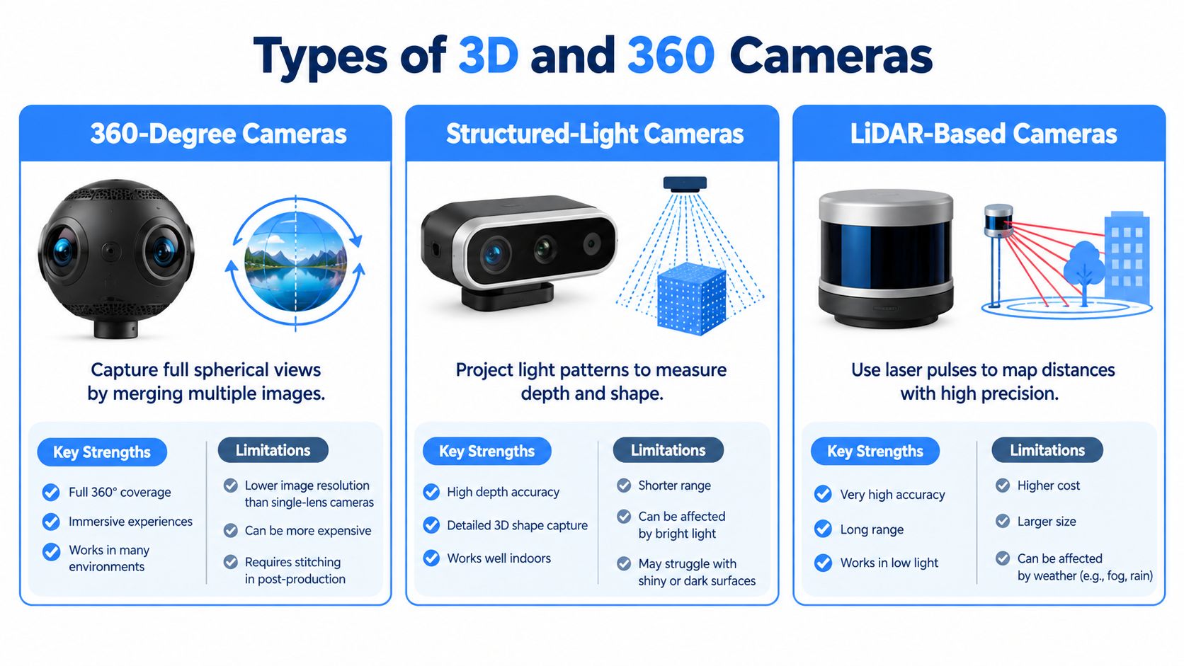 An infographic comparing 360-degree, structured-light, and LiDAR-based cameras with their respective key strengths and limitations.