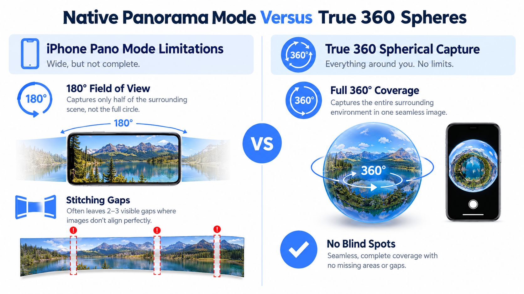 A comparison graphic showing the differences between native iPhone panorama mode and true 360-degree spherical photography captures.