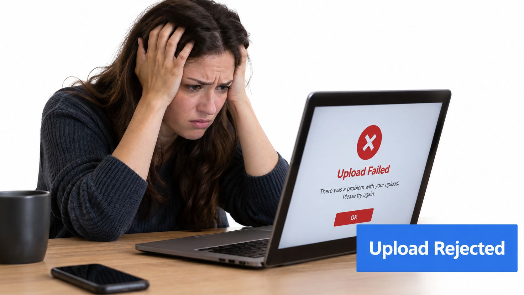 A frustrated young woman sitting at a desk looking at a laptop screen showing an upload failure message.