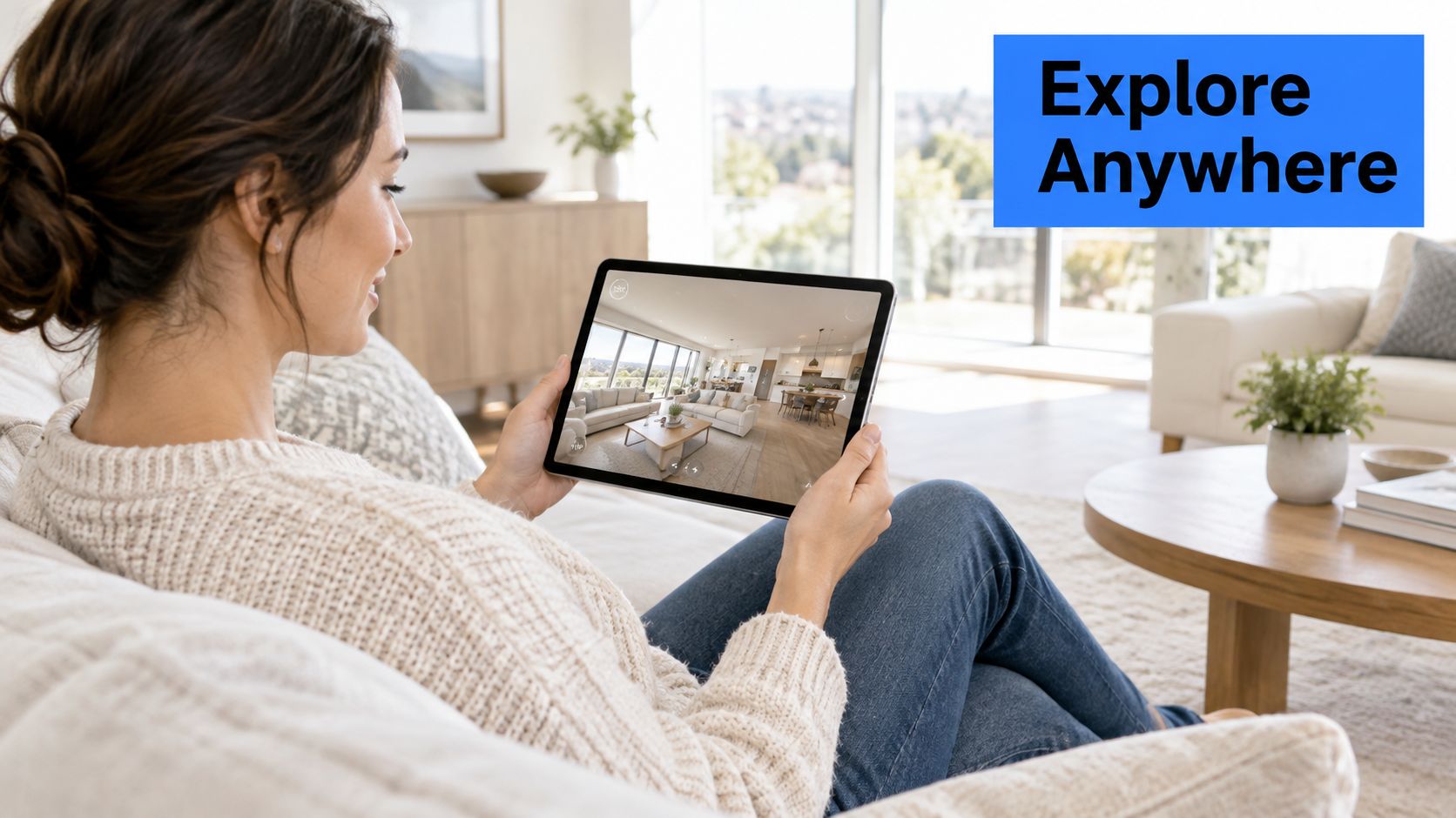 A woman sitting on a comfortable sofa holding a tablet to view a 360 degree room tour.