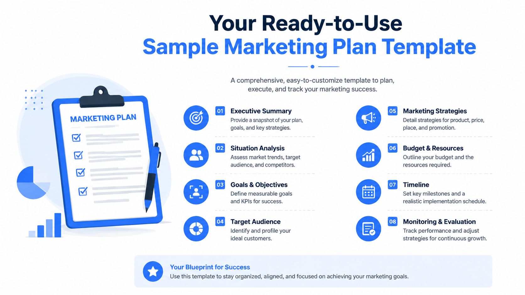 A comprehensive marketing plan template infographic featuring eight essential steps for strategic business planning and success.