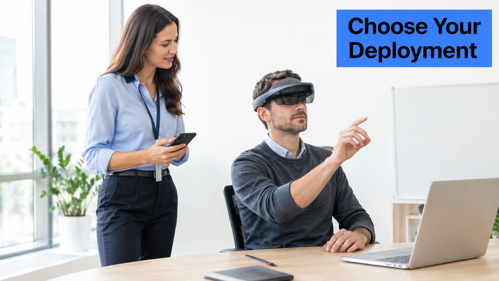 A professional woman observing a man using an augmented reality headset while sitting at an office desk.