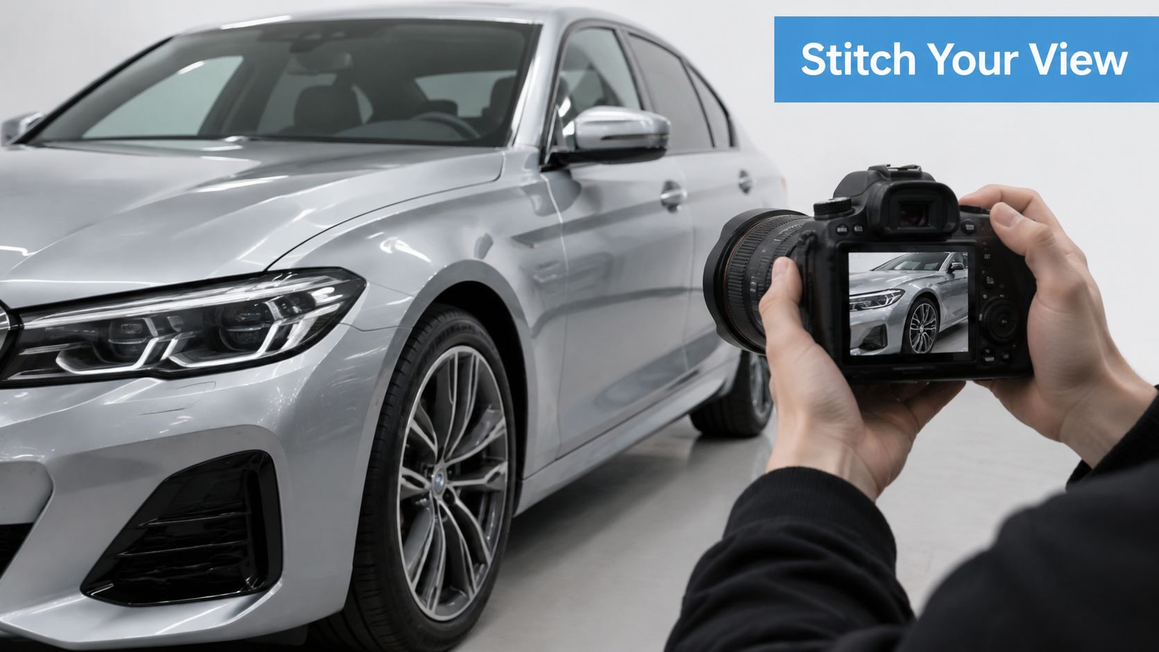 A person using a professional camera to photograph a silver BMW car in a studio setting.