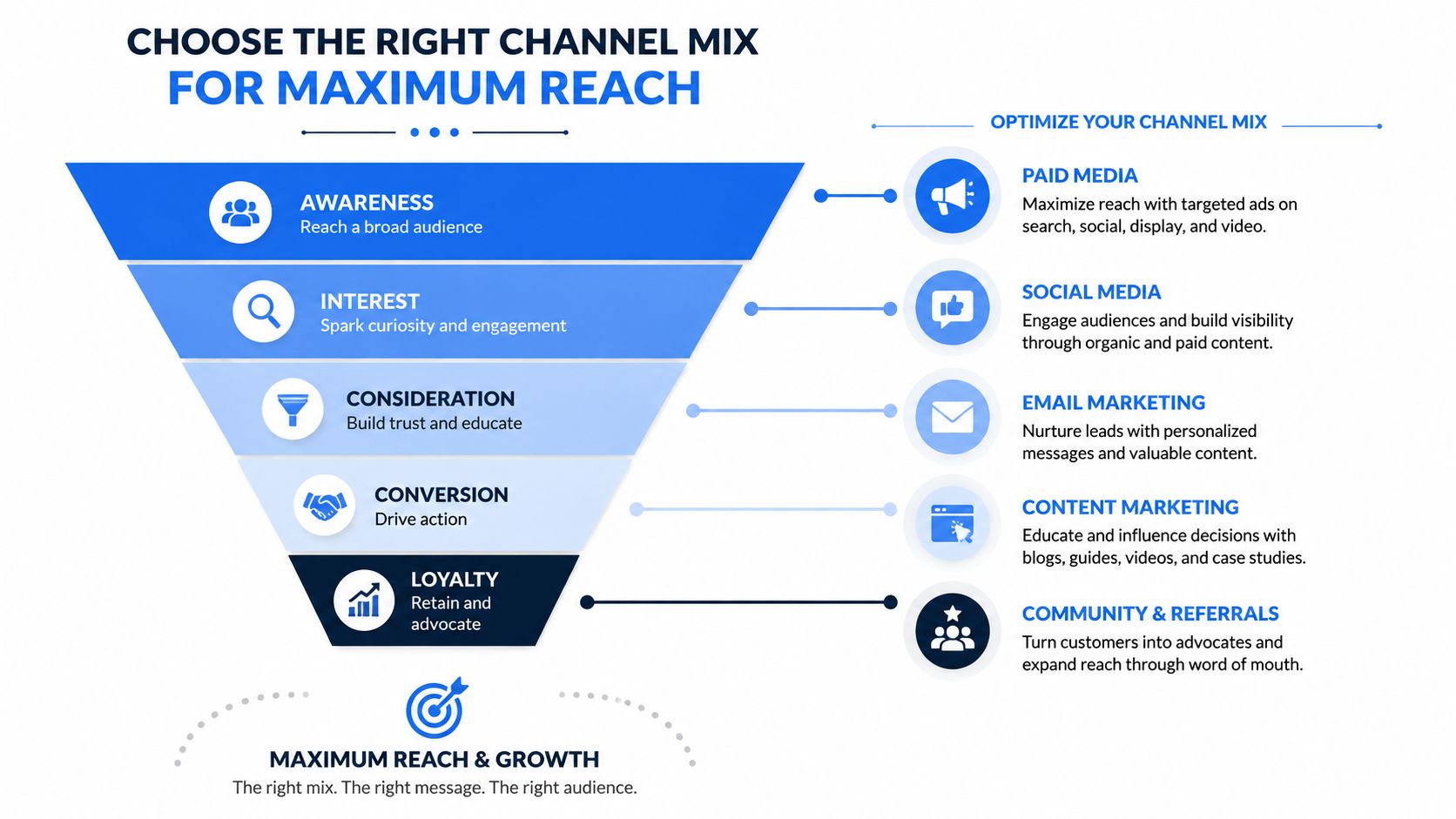 A marketing funnel infographic illustrating how to choose the right channel mix for maximum business growth.