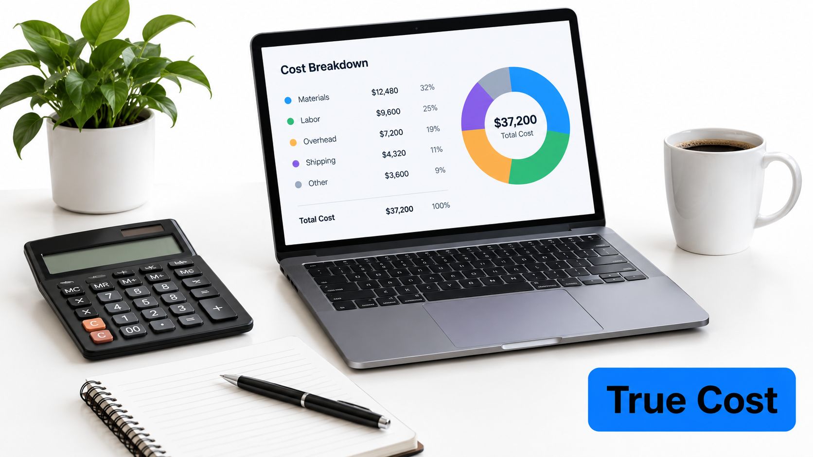 A laptop showing a business cost breakdown chart on a desk with a calculator and notebook.