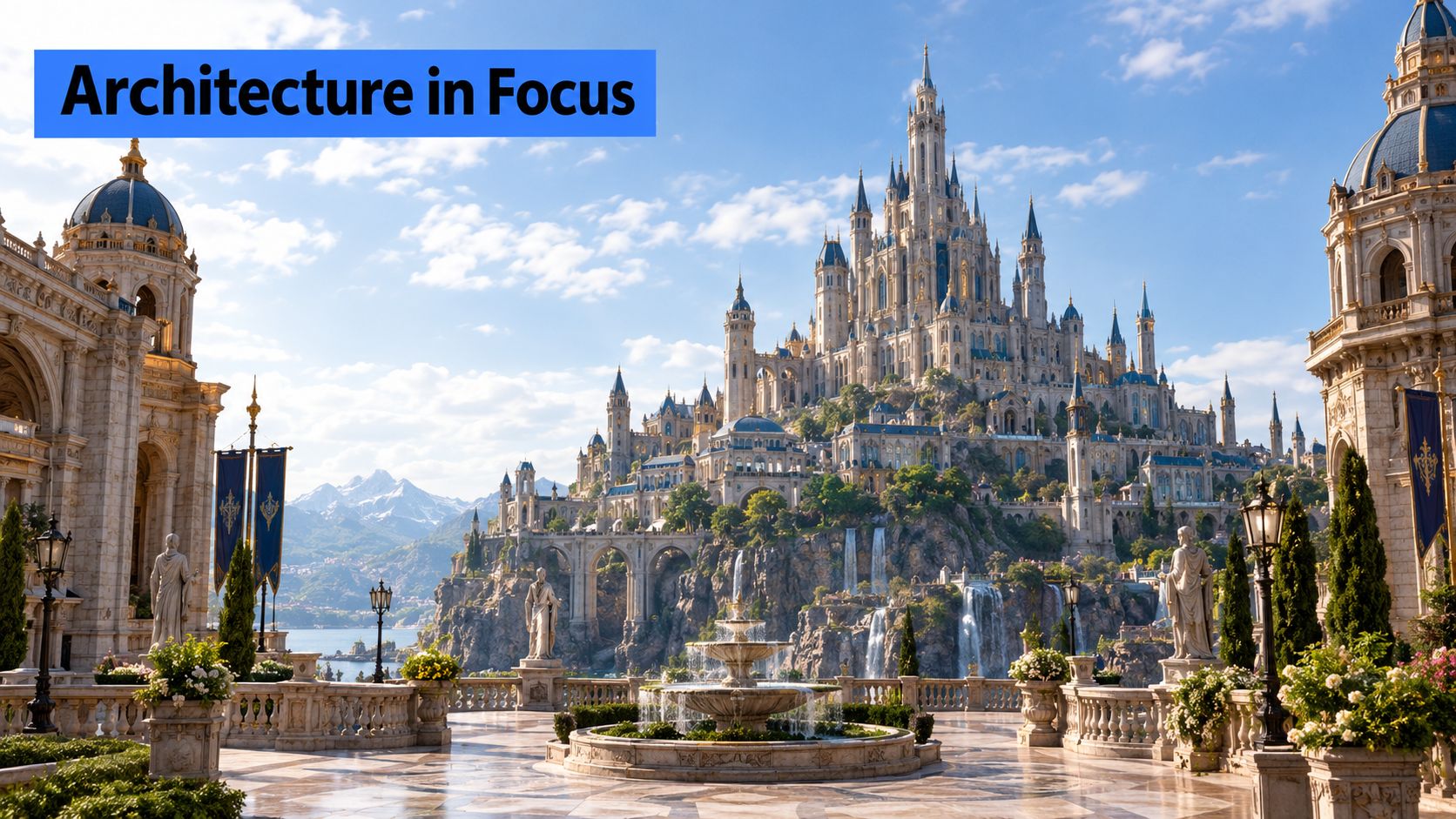 A breathtaking fantasy castle overlooking a lake with waterfalls, elaborate fountains, and grand stone statues.