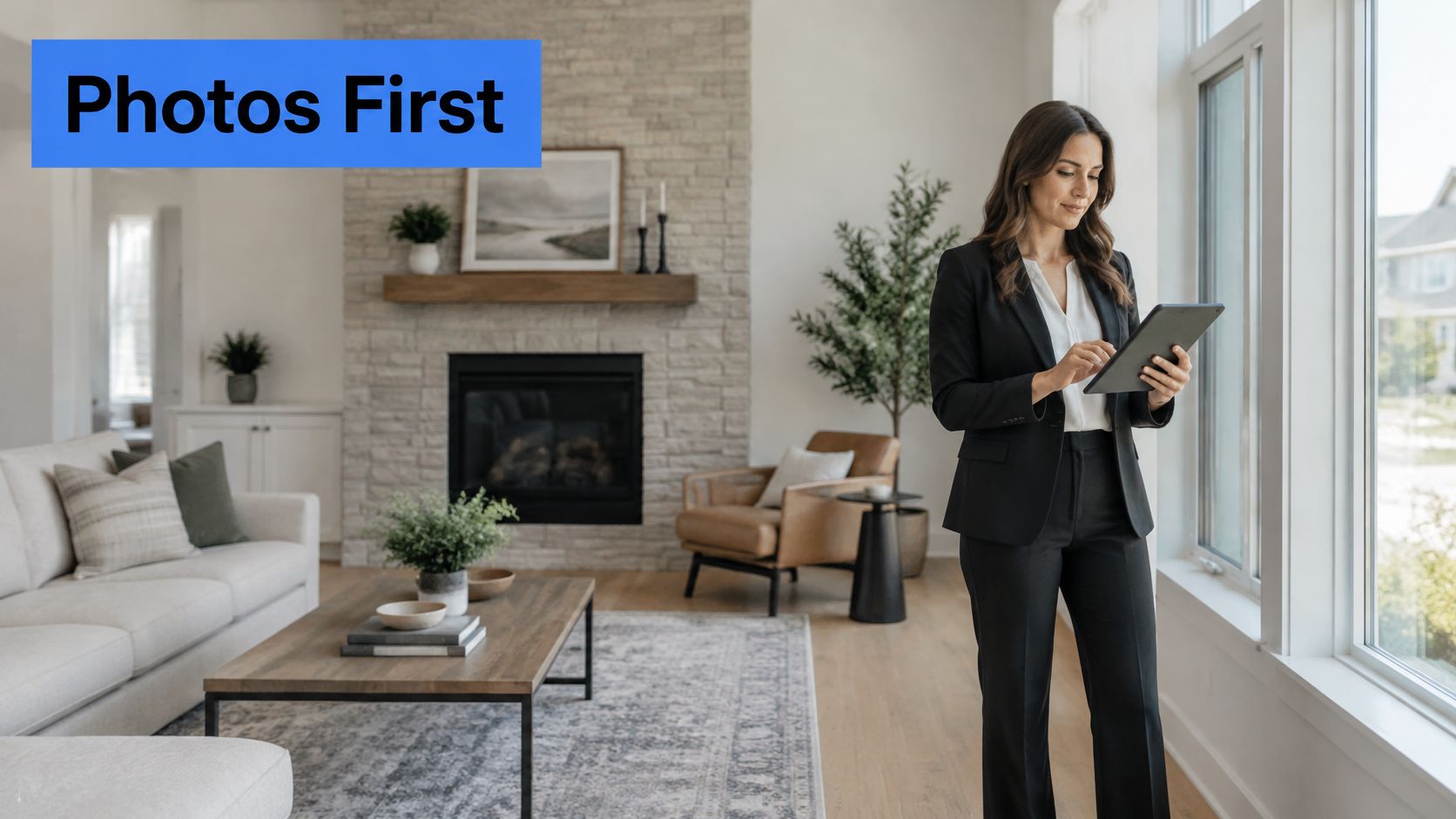 A professional real estate agent using a tablet while standing in a modern, well-decorated living room interior.