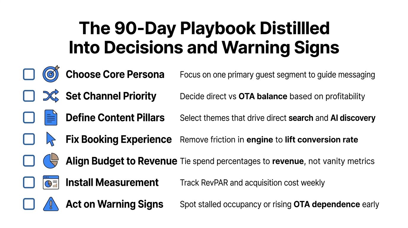 A checklist titled The 90-Day Playbook for hotel marketing, highlighting seven strategic steps for optimizing revenue growth.