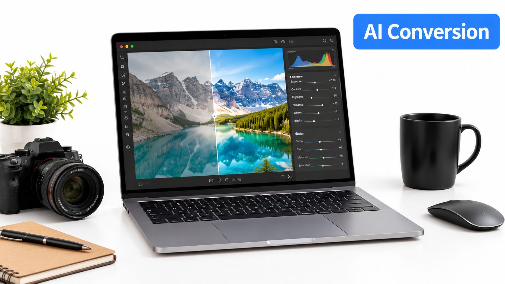 A modern laptop displaying photo editing software on a desk with a camera, notebook, and mouse.