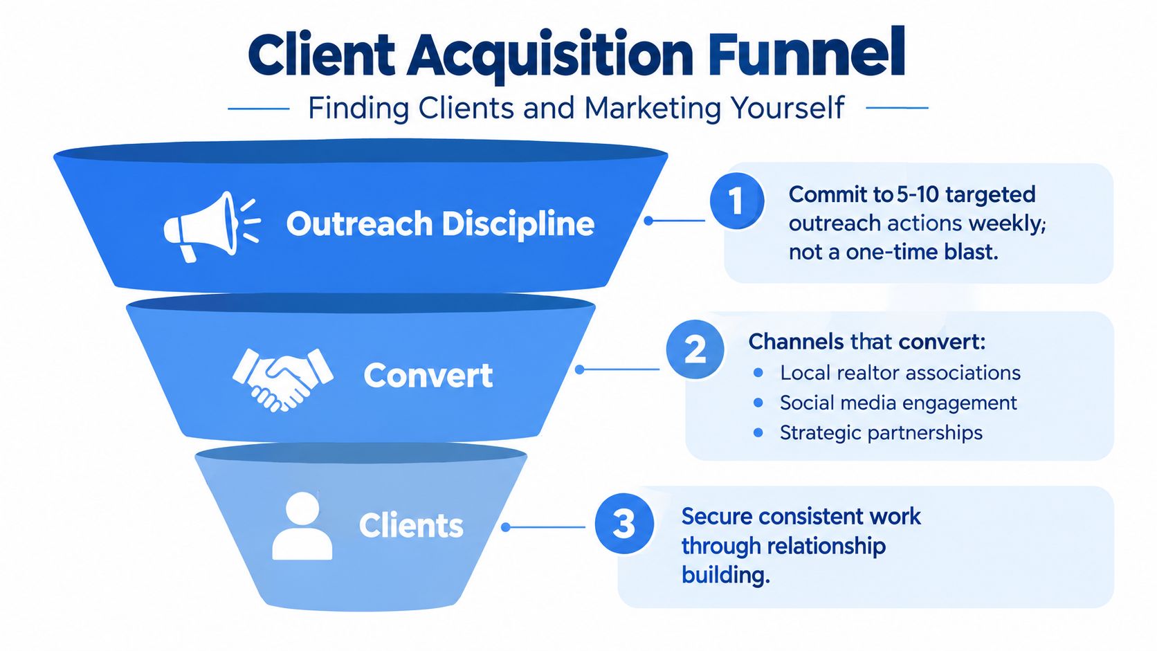 A diagram illustrating a three-step client acquisition funnel for finding and marketing to potential real estate photography clients.