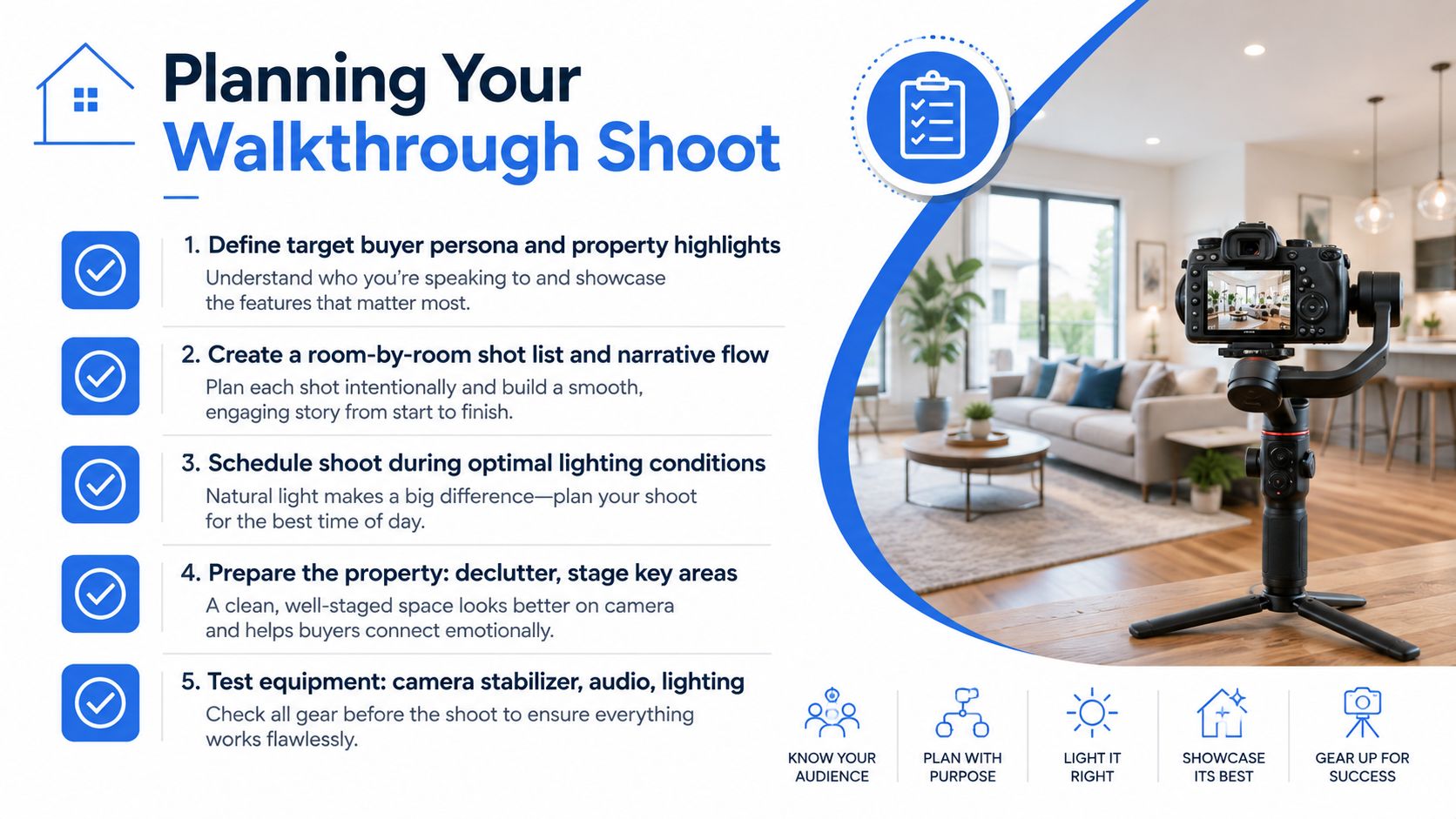 A professional infographic titled Planning Your Walkthrough Shoot listing five essential steps for real estate videography preparation.