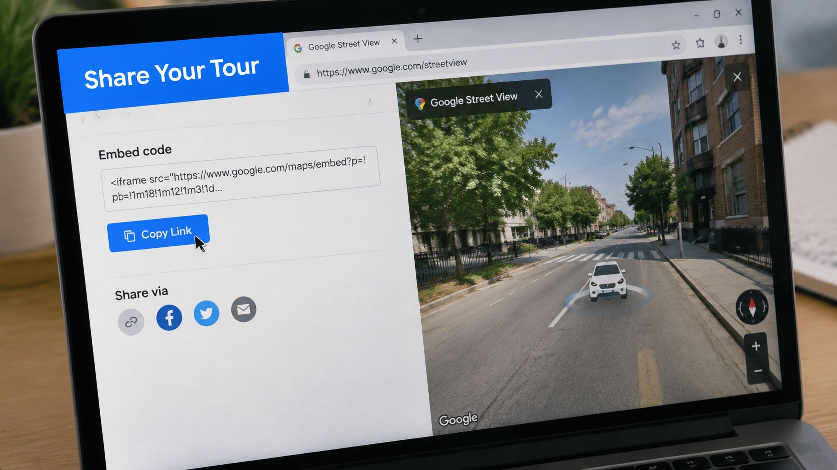 A laptop screen displaying a Google Street View interface with options to copy an embed link.